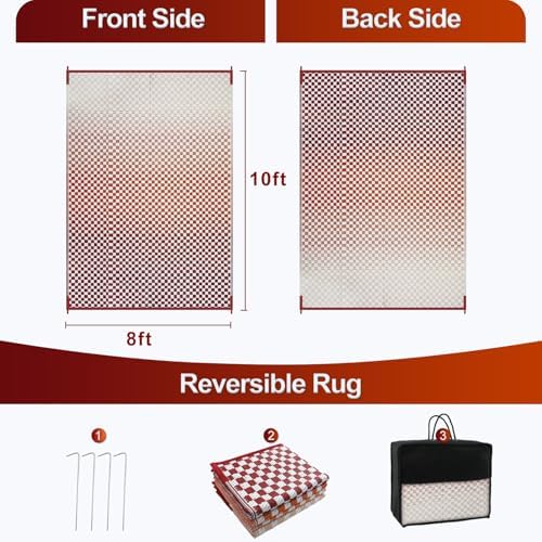 Wonnitar Waterproof 8x10 Outdoor Rug - Orange Red Ombre Checkered Patio Rug, Large Reversible Outside Mat for RV Deck Balcony, Lightweight Colorful Outdoor Camping Carpet - Image 2