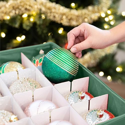 Christmas Ornament Storage Container with Dividers - Box Stores Up to 96 Ornaments, Zippered, Convenient, Adjustable, Large Organizer Bin to Protect Holiday Décor, Fits Most Standard Size, Green - Image 5