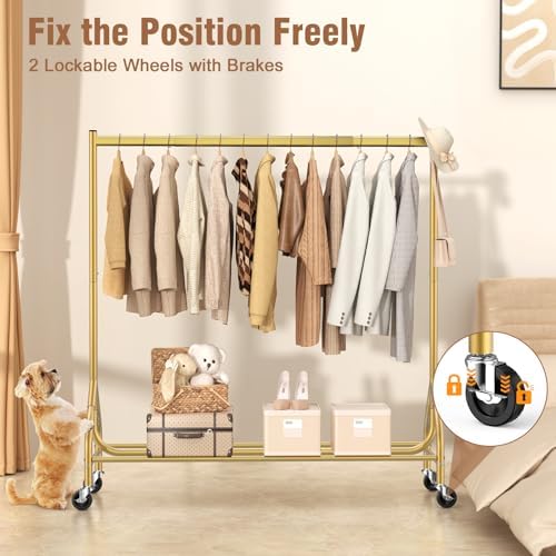 EAGMAK Heavy Duty Clothes Rack Load 420 LBS, Rolling Garment Rack with Lockable Wheels, Standing Metal Clothing Rack, Portable Wardrobe Sturdy Coat Rack for Hanging Clothes (Gold, 59″×18.9″×63″) - Image 5