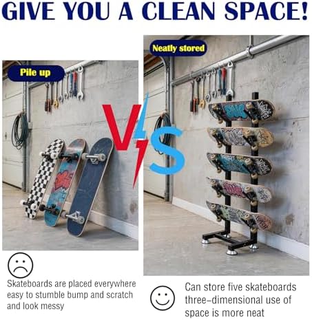 5-Tier Metal Skateboard Rack Floor Stand, Heavy-Duty Skateboard & Snowboard Storage Display for Decks, Longboards, Small Cruisers, Freestanding Board Organizer for Garage, Bedroom & Skate Shop - Image 3