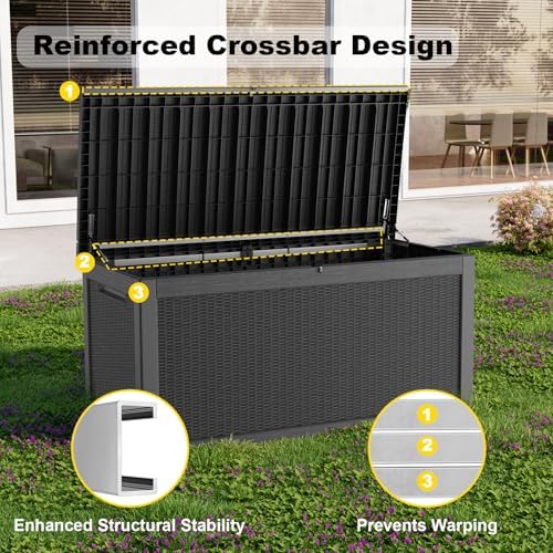 Outdoor Waterproof Resin Storage Deck Box Lockable Outside Bench UV Resistant Bin Patio Porch Furniture Pool Float Garden Tool Cushion (Black, 320 Gallon) - Image 3