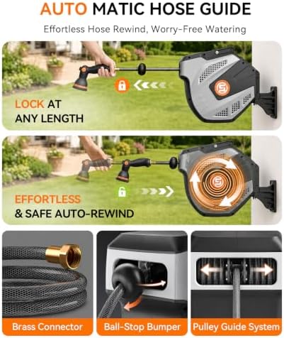 SUNPOW Retractable Garden Hose Reel - 1/2 inch x 50ft Heavy Duty Wall Mounted Hose Reel with 3/4 inch Brass Fitting & 10 Sprayer Nozzle - Any Length Lock, Auto Rewind System, 180°Swivel Bracket- Grey - Image 4