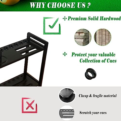Pool Stick Holder Floor Stand Holds 9 Cues & Pool Table Accessories. Wooden 2-Tier Cue Stick Storage with Ball Rack Hangers, Billiard Cone Chalk Holder or Drink Pads - Image 6