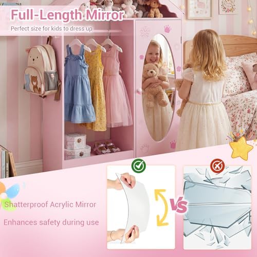Costzon Kids Dress Up Storage with Mirror, Roofed Wardrobe Closet with Open Hanging Rack, Shelves & Hooks for Children, Kids Armoire & Costume Organizer for Bedroom, Playroom (Pink) - Image 3