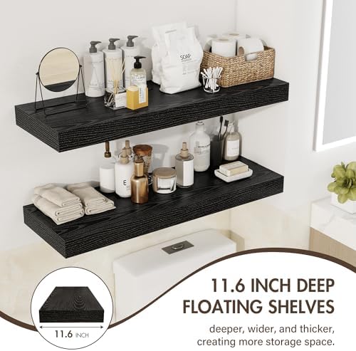 Acovy 24 Inch Floating Shelves, 12" Deep Floating Shelf Wall Mounted, 24" Wall Shelves, Rustic Deep Bookshelf, Extra Deeper & Thicker Display Shelves for Bedroom, Living Room, Black, Set of 2 - Image 5