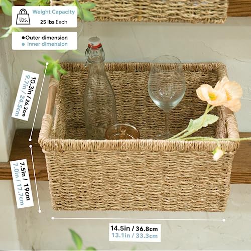 Large Wicker Storage Basket with Wooden Handles, Seagrass Basket for Shelves, Natural Wicker Bin With Handle for Storage 14.5 x 10.3 x 7.5 inches - Image 4