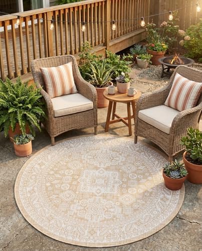 Rugs.com - Outdoor Aztec Rug – 5 Ft Round Natural Indoor/Outdoor Rug – Weather-Resistant Flatweave for Patios, Decks, and Porches by Rugscom