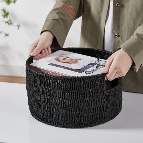 Vagusicc Wicker Storage Basket, Hand-Woven Paper Rope Large Round Woven Basket With Handles, Wicker Baskets for Organizing/Storage, Black, 3-Pack - Image 3