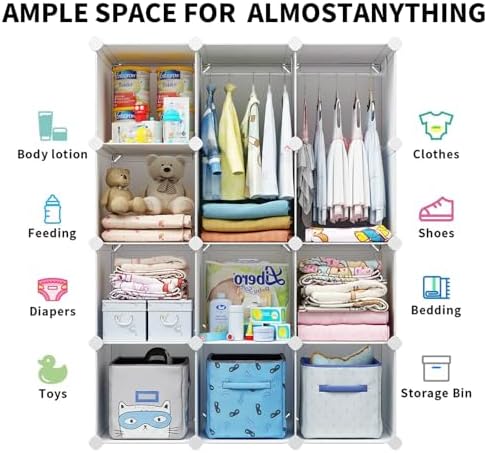 VIPZONE Baby Closet,Dresser, Kids Closet Organizers, Portable Kids Wardrobe for Closet, Bedroom, Nursery, Cubby, Cabinet, Clothes, Dress, Baby Storage Shelf, Armoire Clothes Hanging (12 Cube, White) - Image 3