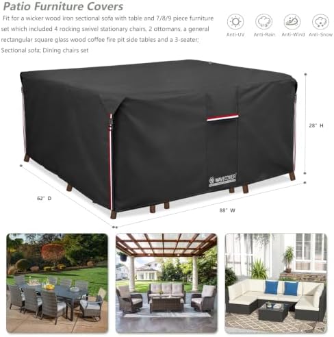 Outdoor Furniture Covers, 600D Heavy Duty Waterproof Outdoor Dining Table and Chairs Cover — 88L x 62W x 28H inch, All-Weather Protection Patio Furniture Cover, Black - Image 3