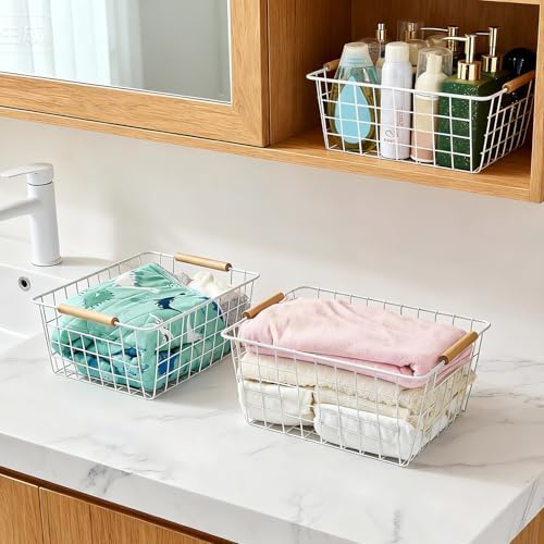 LeleCAT White Wire Baskets for Organizing with Handles，Pantry Organizers and Storage For Kitchen, Household Snack Basket for Cabinets, Closets, Bedrooms,food - Set of 4(White) - Image 7