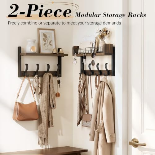 Delamu 32" Coat Rack with Shelf, 4 in 1 Coat Hanger Wall Mount with Shelf, Wooden Entryway Wall Organizer with Hooks, Brown - Image 2
