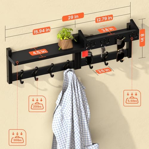29'' Black Coat Rack Wall Mount with Shelf, Solid Wood Coat and Key Hanger with 11 Metal Hooks, Farmhouse Wall Organizer for Mail, Entryway Wall Hangers for Hats, Clothes, Backpacks, Mudroom - Image 4