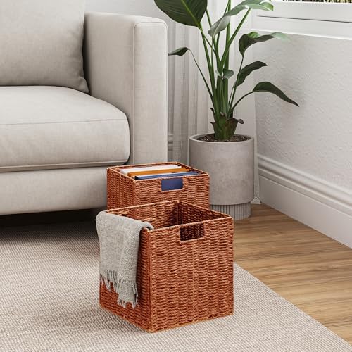 Vagusicc Wicker Storage Basket, Set of 2 Hand-Woven Paper Rope Wicker Basket, Foldable Cube Storage Bins, Square Large Storage Baskets for Organizing Shelves & Decor, Orange (13″×13″×13″) - Image 5