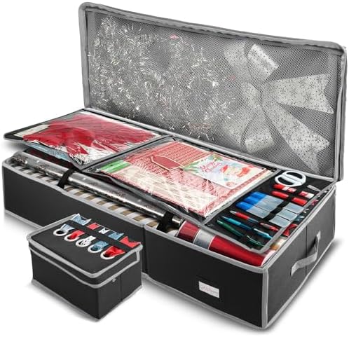 Hearth & Harbor Wrapping Paper Storage Container with Ribbon Storage Organizer - Christmas Storage Bag with Extra Interior Pockets - Gift Wrapping Organizer Storage Fits Up to 26 Rolls of 40" Length by HearthHarbor