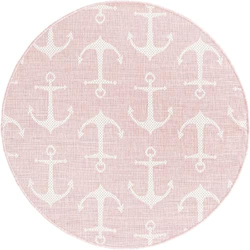 Unique Loom Outdoor Coastal Collection Area Rug - Ahoy (4' 1" Round, Pink/ Ivory) - Image 3