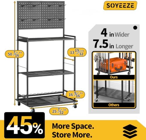 SOYEEZE Fishing Rod Holders for Garage, Fishing Pole Holder Up to 12 Rods with Pegboard and Hooks,Rolling Fishing Cart with Wheels, Fishing Gear Storage For Tackle Box & Reel Organization-4 Side Fence - Image 2