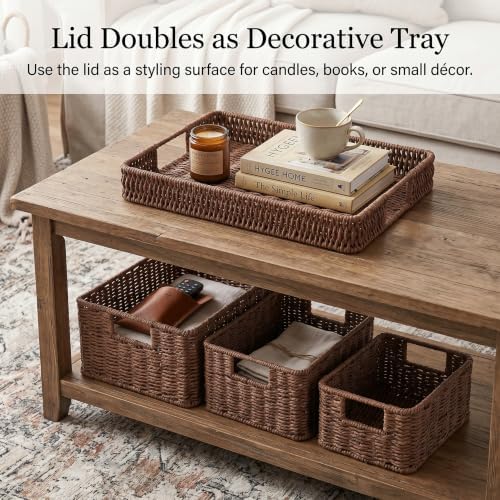 Wicker Storage Basket with Lid for Shelves, 3-Basket Set, Dark Brown - Image 3