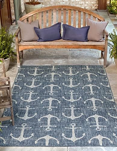 Unique Loom Outdoor Coastal Collection Area Rug - Ahoy (5' 3" x 7' 1" Rectangle Blue/Ivory) by UniqueLoom