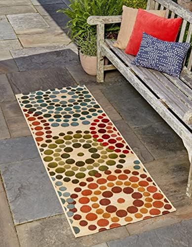 Unique Loom Outdoor Modern Collection Area Rug - Spark (2' x 8' Runner, Beige/ Burgundy) by UniqueLoom