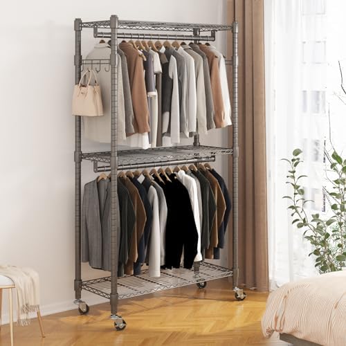 BATHWA Clothes Racks for Hanging Clothes, 35.5" W x 16.5" D x 80.7" H, Rolling Tall Heavy Duty Wardrobe Rack with Shelves & Wheels Metal Freestanding Multifuctional for Bedroom Laundry balcony, Grey - Image 2