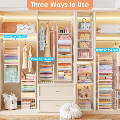 Yuyetuyo 6 Tier Raised-Height Hanging Closet Organizer, Stackable Sweater Organizer for Closet, Wire Storage Basket Bins for Clothes Purse Shoes, Hanging Shelves with 4 Hooks & 3 Dividers Adjustable - Image 6