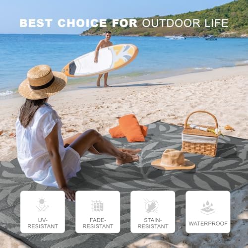 wikiwiki 9x18ft Outdoor Rug, Reversible Plastic Patio Rug Waterproof, Indoor Outdoor Carpet Clearance, Large Area Carpet for Patio Deck Balcony Pool RV Camping Beach Picnic, Grey Big Leaves - Image 3