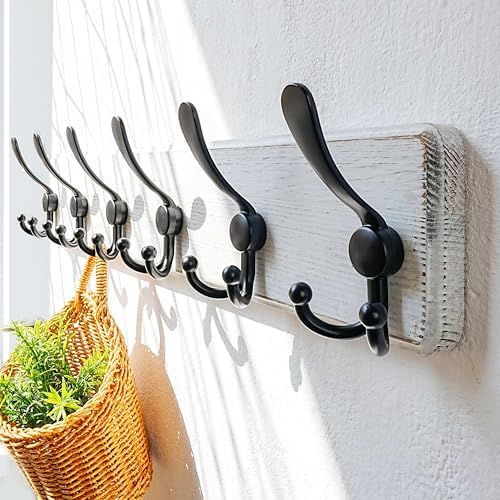 Dseap Coat Rack Wall Mounted - 24" Long 6 Tri Hooks, Heavy Duty Wooden Wall Coat Hanger Coat Hook for Clothes Hat Jacket Clothing, White and Black, Pack of 2 - Image 4