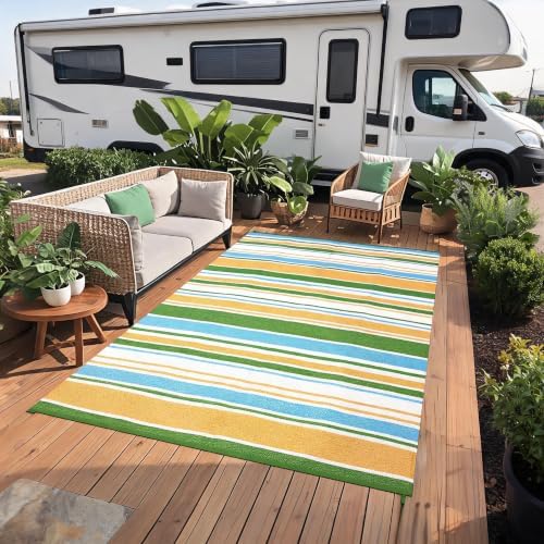 Garvee 8x10 Outdoor Rug Modern Striped Lines Plastic Straw Rug Yellow Blue - Image 2