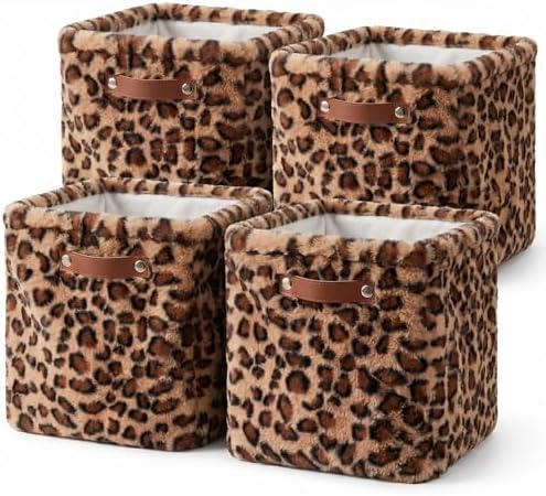 FoldTier 4 Pcs Brown Foldable Leopard Faux Fur Storage Cubes 11 Inch by FoldTier