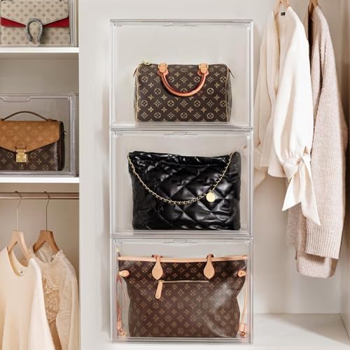 HBlife Purse Storage Organizer for Closet, Clear Stackable Handbag Display Case Box with Magnetic Door for Collectibles, Cosmetics, Women Heels and Toys, X-Large, 3 Pack - Image 5