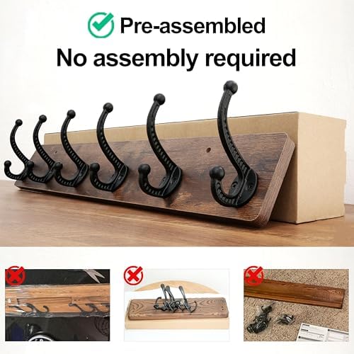 WEBI Rustic Coat Rack Wall Mount,24" Long 6 Cast Iron Coat Hooks Wall Mounted,Heavy Duty Wood Wall Coat Hanger Hooks for Hanging Coats,Jacket,Clothes,Backpack,Farmhouse,Rustic Brown,2 Packs - Image 4