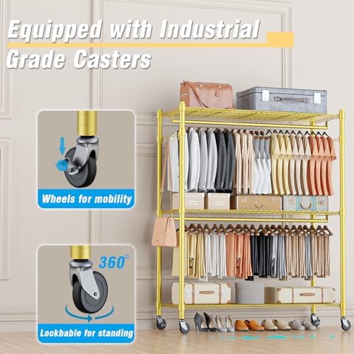 Homdox Gold Heavy Duty Clothes Rack with Wheels, 3-Tier Rolling Metal Garment Organizer with Double Hanging Rods & Hooks, Freestanding Portable Closet, 17.72" D x 47.24" W x 80.71" H - Image 3