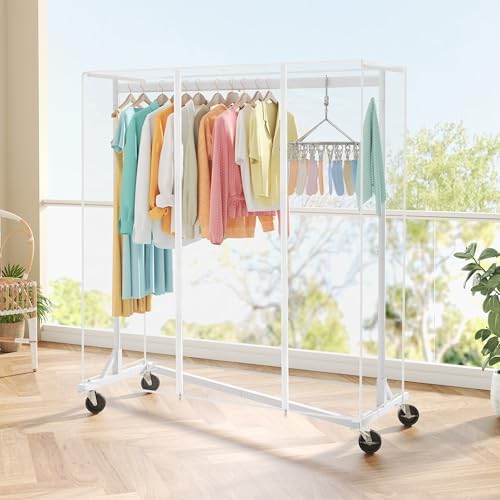 Hoctieon Z Clothes Rack with Cover, Metal Heavy Duty Clothing Rack, Rolling Garment Rack with Wheels, with Dustproof Cover Waterproof Protector, with 2 Durable Zippers, for Hanging Clothes, White - Image 6