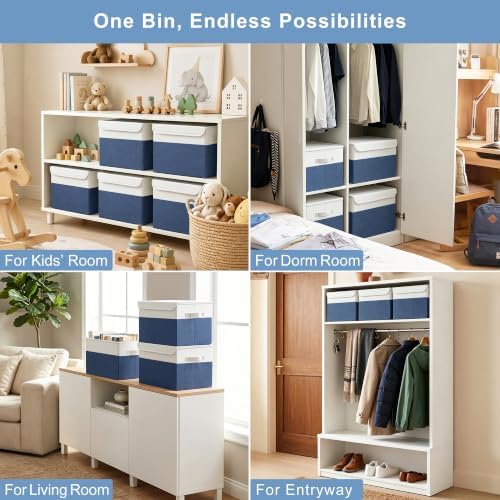 Large 17" 42 Quarts Collapsible Stackable Storage Bins with Lids [3-Pack] Foldable Fabric Linen Storage Boxes Cube, Closet Organizer Baskets with Label for Home (16.7 x 12 x 12", Navy Blue & White) - Image 4