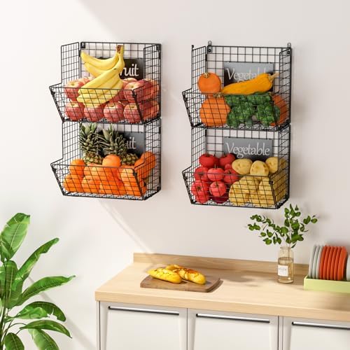 X-cosrack Metal Wire Basket Wall Mount, 4 Tier Extra Large Wall Storage Basket Organizer with Chalkboards, Kitchen Fruits and Vegetables Produce Bin Rack Toys Organizer Bathroom Tower Baskets (Black) - Image 4