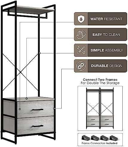 Sorbus Tall Clothing Rack with Drawers, Wood Top (Greige) - Image 7