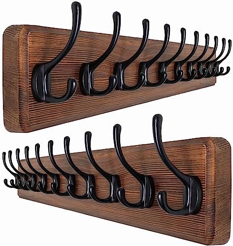 SKOLOO Rustic Wall Mounted Coat Rack, 10 Hooks, 38", Solid Wood, Brown by SKOLOO