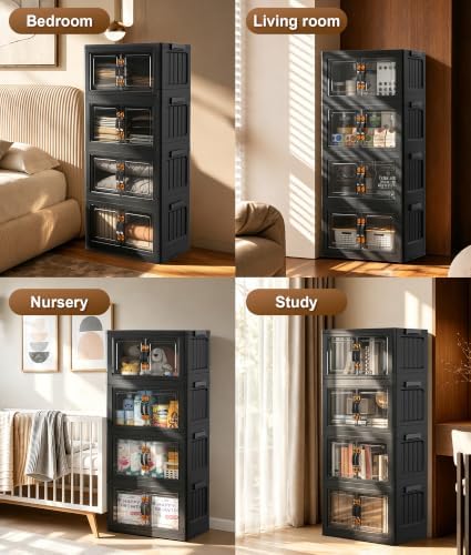 Hanyi 140 QT 4-Tier Storage Bins with Lids, Collapsible Cabinet, Black - Image 4