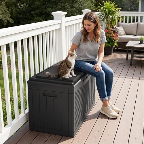 Greesum 100 Gallon Resin Deck Box Large Outdoor Storage Boxes with Cushions for Garden Tools, Patio Furniture Pillows, Pool Supplies, Black - Image 3