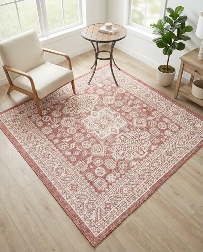 Rugs.com - Outdoor Aztec Rug – 5 Ft Square Rust Red Indoor/Outdoor Rug – Durable Flatweave for Patios, Decks, and Porches - Image 5