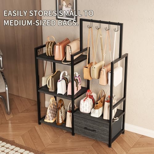 Handbag Organizer - 3 Tier Purse Storage Rack with Pull Out Drawer & 6 Hooks, High Capacity Handbag Holder Shelf, Metal Frame with Wood Shelves for Closet/Bedroom(Dark Grey) - Image 2