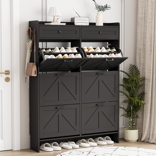 Shoe Cabinet with 6 Flip Drawers & 2 Top Drawers, 57" Tall Freestanding Narrow Wooden Shoe Storage Organizer for Entryway, Hidden Slim Shoe Rack for Front Door Entrance, Hallway, Living Room, Black by Xixini