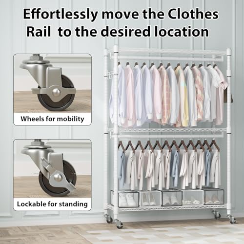 Homdox 3 Tier Heavy Duty Garment Rack with Wheels, Adjustable Wire Clothes Rack with Double Hanging Rods, Portable Closets for Hanging Clothes with Side Hooks, White - Image 5