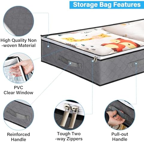 Under The Bed Storage Containers, 3 Pack Large Capacity Underbed Storage Bags Organizer, Collapsible Storage Bins with Clear Window for Blanket, Bedding, Comforter, Clothes Bedroom Storage Bags Gray - Image 4
