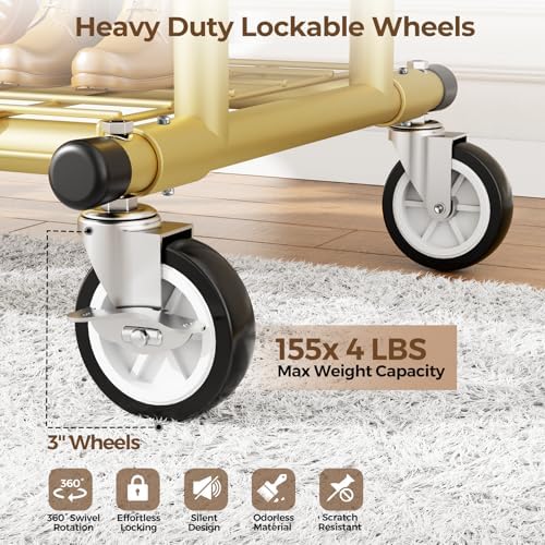 HYSEYY Heavy Duty Clothes Rack, Rolling Clothing Racks With Shelves Load 620 LBS, Double Rod Clothing Racks for Hanging Clothes, Portable& Adjustable Clothes Rack with Wheels Garment Rack,Gold - Image 4