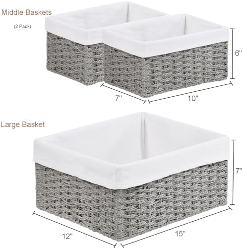 Vagusicc Wicker Basket, Set of 3 Hand-woven Storage Baskets for Organizing, Decorative Rectangle Wicker Storage Basket Bins with Handles, Small Toilet Paper Storage Baskets for Shelves & Decor, Grey - Image 3