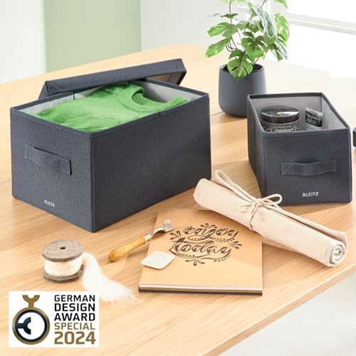 Leitz fabric storage box with lid, set of two storage cubes, foldable ottoman storage box, eco-friendly recyclable organizer box, velvet grey, medium size, 61440089 - Image 2
