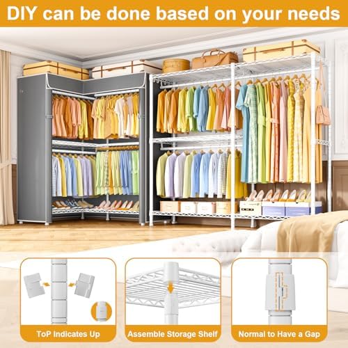 ULIFHOME E15C Garment Rack L Shaped Clothes Rack for Corner，Freestanding Clothing Racks for Hanging Clothes，Heavy Duty Closet Organizer 43.4"W x 15.8"D x 78.4"H，White Rack with Grey Dustproof Cover - Image 6