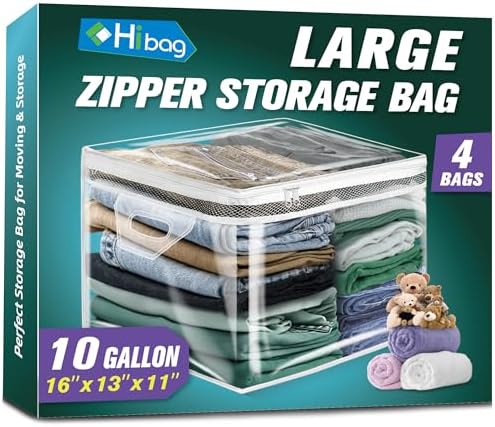 HIBAG 10 Gallon Large Storage Bag for Clothes, Zipper Clothing Storage Bag, Clear Organizer with Reinforced Handles, for Closet and Underbed Storage (4 Pack) by HIBAG